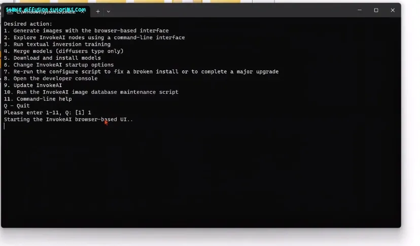 select option 1 to start InvokeAI webui