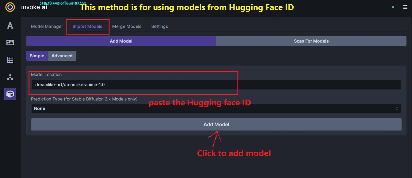 Paste hugging face ID to Invoke ai