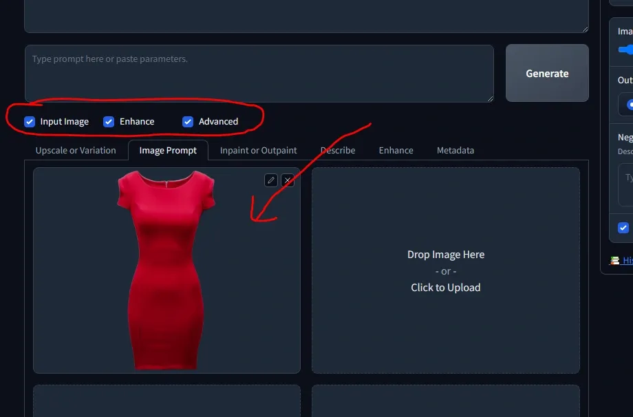 Enable options and upload dress image